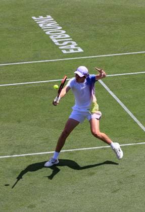 23rd June 2025; Devonshire Park, Eastbourne, East Sussex, England; Lexus International Eastbourne, Day 1; Joao Fonseca (BRA) plays a backhand shot against Zizou Bergs (BEL)  ActionPlus12804741 HongboxChen