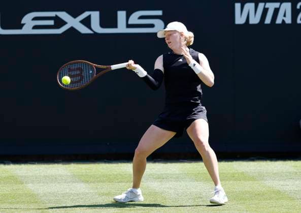 23rd June 2025; Devonshire Park, Eastbourne, East Sussex, England; Lexus International Eastbourne, Day 1; Francesca Jones (GBR) plays a forehand shot against Greet Minnen (BEL)  ActionPlus12804795 HongboxChen