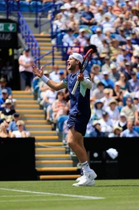 23rd June 2025; Devonshire Park, Eastbourne, East Sussex, England; Lexus International Eastbourne, Day 1; Zizou Bergs (BEL) shows emotion in the match against Joao Fonseca (BRA)  ActionPlus12804754 HongboxChen