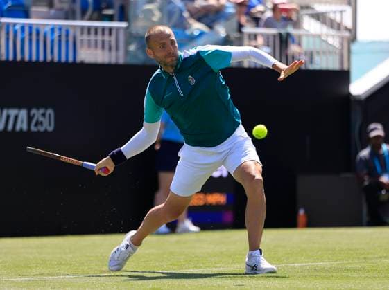 23rd June 2025; Devonshire Park, Eastbourne, East Sussex, England; Lexus International Eastbourne, Day 1; Daniel Evans (GBR) plays a forehand shot against Miomir Kecmanovic (SRB)  ActionPlus12804760 HongboxChen