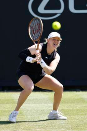 23rd June 2025; Devonshire Park, Eastbourne, East Sussex, England; Lexus International Eastbourne, Day 1; Francesca Jones (GBR) plays a forehand shot against Greet Minnen (BEL)  ActionPlus12804792 HongboxChen