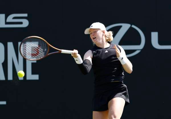 23rd June 2025; Devonshire Park, Eastbourne, East Sussex, England; Lexus International Eastbourne, Day 1; Francesca Jones (GBR) plays a forehand shot against Greet Minnen (BEL)  ActionPlus12804793 HongboxChen