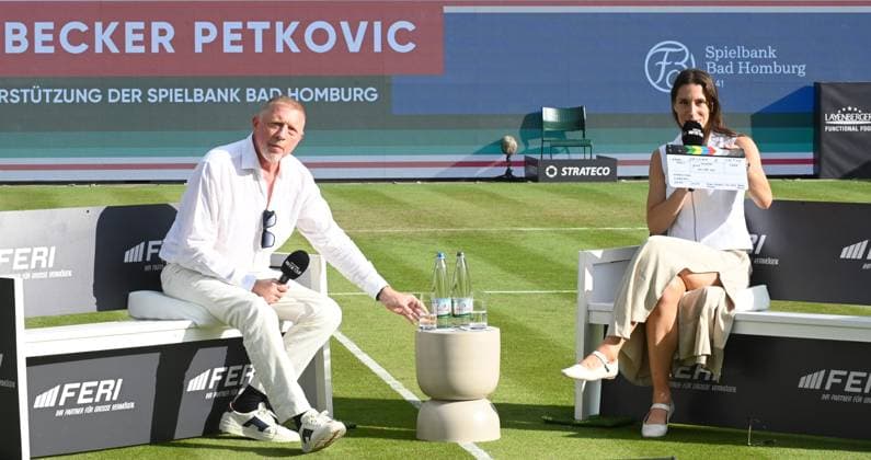 23 06 2025 Bad Homburg OPEN 2025 Womens Tennis Tournament WTA Boris Becker starts podcast with co-host Andrea Petkovic on the center court of Bad Homburg