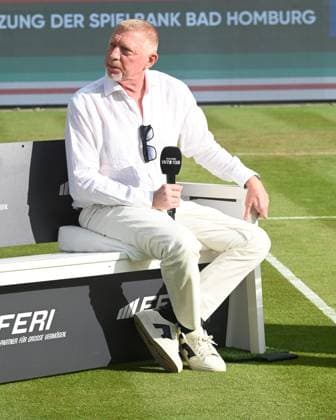 23 06 2025 Bad Homburg OPEN 2025 Womens Tennis Tournament WTA Boris Becker starts podcast with co-host Andrea Petkovic on the center court of Bad Homburgss Picture shows tennis legend Boris Becker