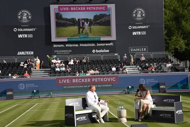 23 06 2025 Bad Homburg OPEN 2025 Womens Tennis Tournament WTA Boris Becker starts podcast with co-host Andrea Petkovic on the center court of Bad Homburg