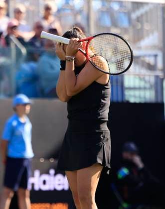 23rd June 2025; Devonshire Park, Eastbourne, East Sussex, England; Lexus International Eastbourne, Day 1; Daria Kasatkina (AUS) shows emotion in the match against Lulu Sun (NZL)  ActionPlus12804811 HongboxChen