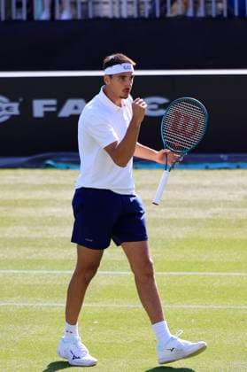 23rd June 2025; Devonshire Park, Eastbourne, East Sussex, England; Lexus International Eastbourne, Day 1; Lorenzo Sonego (ITA) celebrates his victory after defeating Fabian Marozsan (HUN)  ActionPlus12804804 HongboxChen
