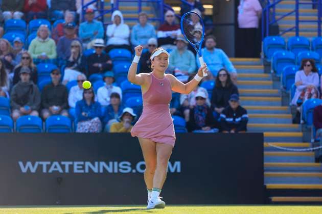 23rd June 2025; Devonshire Park, Eastbourne, East Sussex, England; Lexus International Eastbourne, Day 1; Lulu Sun (NZL) celebrates her victory after defeating Daria Kasatkina (AUS)  ActionPlus12804828 HongboxChen