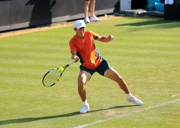 23rd June 2025; Devonshire Park, Eastbourne, East Sussex, England; Lexus International Eastbourne, Day 1; Chun Hsin Tseng (TPE) plays a forehand against Alejandro Davidovich Fokina (ESP)  ActionPlus12804831 HongboxChen