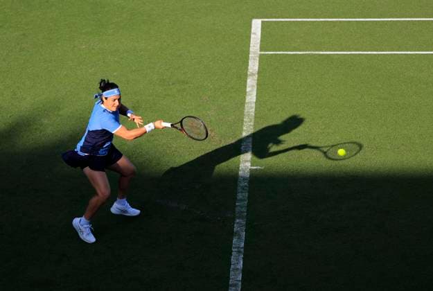 23rd June 2025; Devonshire Park, Eastbourne, East Sussex, England; Lexus International Eastbourne, Day 1; Ons Jabeur (TUN) plays a forehand shot against Maya Joint (AUS)  ActionPlus12804850 HongboxChen