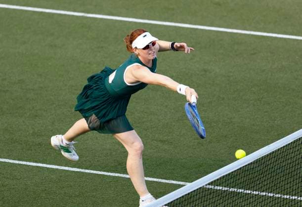 23rd June 2025; Devonshire Park, Eastbourne, East Sussex, England; Lexus International Eastbourne, Day 1; Maya Joint (AUS) plays a forehand shot at the net against Ons Jabeur (TUN)  ActionPlus12804876 HongboxChen