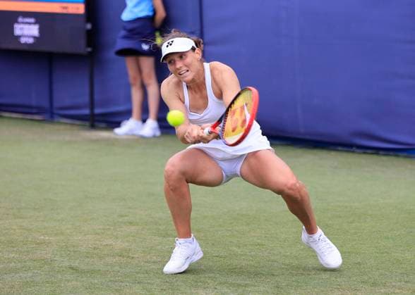 24th June 2025; Devonshire Park, Eastbourne, East Sussex, England; Lexus International Eastbourne, Day 2; Varvara Gracheva (FRA) plays a backhand shot against Camila Osorio (COL)  ActionPlus12805015 HongboxChen