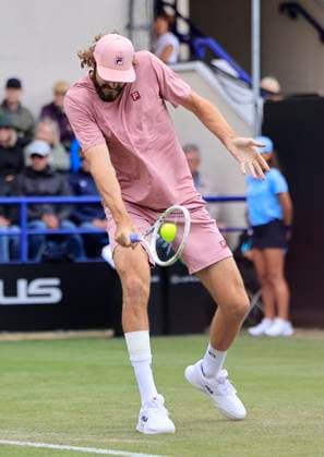 24th June 2025; Devonshire Park, Eastbourne, East Sussex, England; Lexus International Eastbourne, Day 2; Reilly Opelka (USA) plays a backhand shot against George Loffhagen (GBR)  ActionPlus12805049 HongboxChen