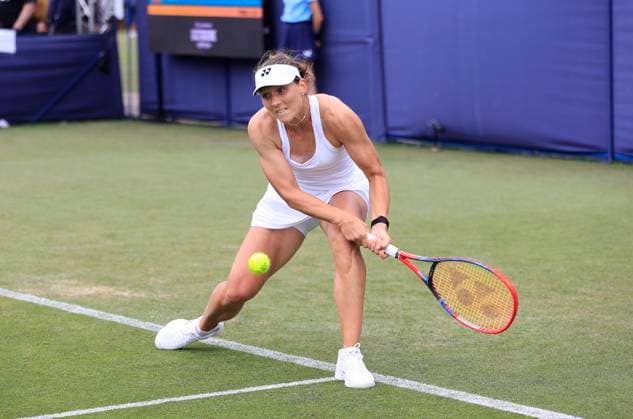24th June 2025; Devonshire Park, Eastbourne, East Sussex, England; Lexus International Eastbourne, Day 2; Varvara Gracheva (FRA) plays a backhand shot against Camila Osorio (COL)  ActionPlus12805021 HongboxChen