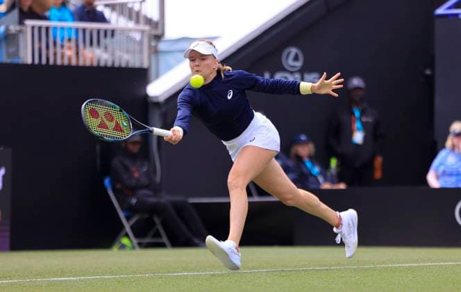 24th June 2025; Devonshire Park, Eastbourne, East Sussex, England; Lexus International Eastbourne, Day 2; Harriet Dart (GBR) plays a forehand shot against Barbora Krejcikova (CZE)  ActionPlus12805031 HongboxChen