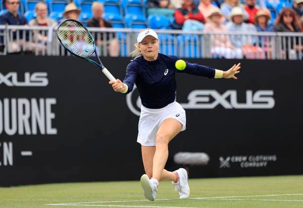 24th June 2025; Devonshire Park, Eastbourne, East Sussex, England; Lexus International Eastbourne, Day 2; Harriet Dart (GBR) plays a forehand shot against Barbora Krejcikova (CZE)  ActionPlus12805032 HongboxChen