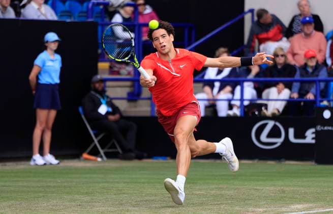 24th June 2025; Devonshire Park, Eastbourne, East Sussex, England; Lexus International Eastbourne, Day 2; George Loffhagen (GBR) plays a forehand shot against Reilly Opelka (USA)  ActionPlus12805057 HongboxChen