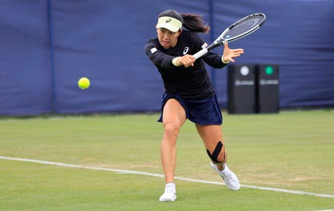 24th June 2025; Devonshire Park, Eastbourne, East Sussex, England; Lexus International Eastbourne, Day 2; Moyuka Uchijima (JPN) plays a backhand sliced shot against Jodie Burrage (GBR)  ActionPlus12805061 HongboxChen