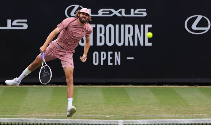 24th June 2025; Devonshire Park, Eastbourne, East Sussex, England; Lexus International Eastbourne, Day 2; Reilly Opelka (USA) serves to George Loffhagen (GBR)  ActionPlus12805041 HongboxChen