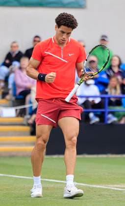 24th June 2025; Devonshire Park, Eastbourne, East Sussex, England; Lexus International Eastbourne, Day 2; George Loffhagen (GBR) celebrates a point in the match against Reilly Opelka (USA)  ActionPlus12805043 HongboxChen