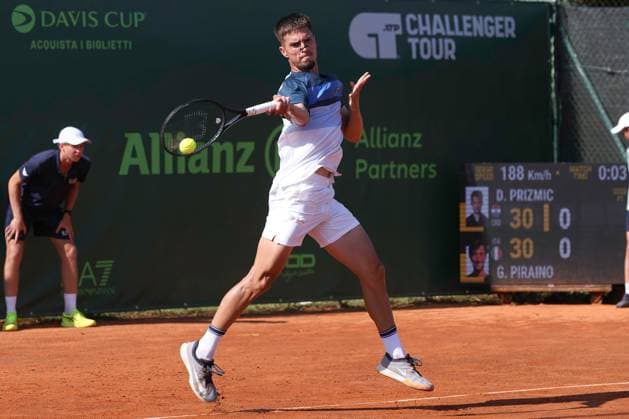 Italy: 1st Round ATP, Tennis Herren Challenger Tour Milan 2025, Dino Prizmic vs Gabriele Piraino Italy, Milan, 2025 06 23: Dino Prizmic forehand shot during tennis match between Dino Prizmic (CRO) vs Gabriele Piraino (ITA), ATP Challenger Tour Milan 2025, 1st Round, Aspria Tennis Club Italy, Milan, 2025 06 23: tennis match between Dino Prizmic (CRO) vs Gabriele Piraino (ITA), ATP Challenger Tour Milan 2025, 1st Round, Aspria Tennis Club Milan Italy Copyright: FabrizioxAndreaxBertani