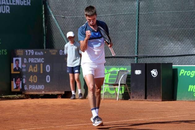 Italy: 1st Round ATP, Tennis Herren Challenger Tour Milan 2025, Dino Prizmic vs Gabriele Piraino Italy, Milan, 2025 06 23: Dino Prizmic celebrates a good play during tennis match between Dino Prizmic (CRO) vs Gabriele Piraino (ITA), ATP Challenger Tour Milan 2025, 1st Round, Aspria Tennis Club Italy, Milan, 2025 06 23: tennis match between Dino Prizmic (CRO) vs Gabriele Piraino (ITA), ATP Challenger Tour Milan 2025, 1st Round, Aspria Tennis Club Milan Italy Copyright: FabrizioxAndreaxBertani