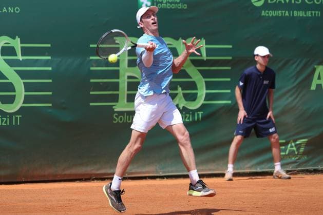 Milan: Luka Mikrut vs Kimmer Coppejans, ATP, Tennis Herren Challenger Tour Milan 2025 Italy, Milan, 2025 06 23: Kimmer Coppejans forehand shot during tennis match between Luka Mikrut (CRO) vs Kimmer Coppejans (BEL), ATP Challenger Tour Milan 2025, 1st Round, Aspria Tennis Club Italy, Milan, 2025 06 23: tennis match between Luka Mikrut (CRO) vs Kimmer Coppejans (BEL), ATP Challenger Tour Milan 2025, 1st Round, Aspria Tennis Club. Milan Italy Copyright: FabrizioxAndreaxBertani