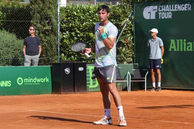Italy: 1st Round ATP, Tennis Herren Challenger Tour Milan 2025, Dino Prizmic vs Gabriele Piraino Italy, Milan, 2025 06 23: Gabriele Piraino celebrates a good play during tennis match between Dino Prizmic (CRO) vs Gabriele Piraino (ITA), ATP Challenger Tour Milan 2025, 1st Round, Aspria Tennis Club Italy, Milan, 2025 06 23: tennis match between Dino Prizmic (CRO) vs Gabriele Piraino (ITA), ATP Challenger Tour Milan 2025, 1st Round, Aspria Tennis Club Milan Italy Copyright: FabrizioxAndreaxBertani