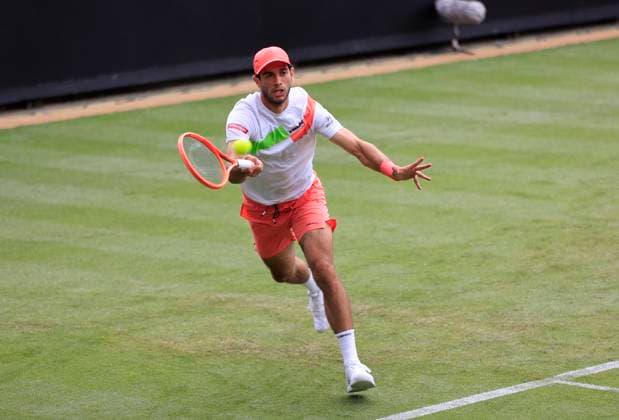 24th June 2025; Devonshire Park, Eastbourne, East Sussex, England; Lexus International Eastbourne, Day 2; Nuno Borges (POR) plays a forehand shot against Jack Pinnington Jones (GBR)  ActionPlus12805100 HongboxChen