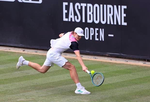 24th June 2025; Devonshire Park, Eastbourne, East Sussex, England; Lexus International Eastbourne, Day 2; Jack Pinnington Jones (GBR) plays a backhand shot against Nuno Borges (POR)  ActionPlus12805101 HongboxChen