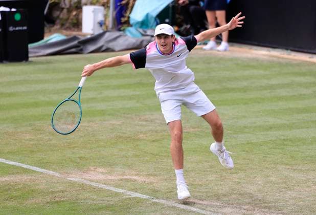 24th June 2025; Devonshire Park, Eastbourne, East Sussex, England; Lexus International Eastbourne, Day 2; Jack Pinnington Jones (GBR) plays a backhand shot against Nuno Borges (POR)  ActionPlus12805104 HongboxChen