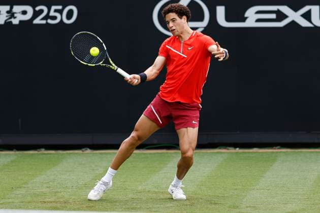 24th June 2025; Devonshire Park, Eastbourne, East Sussex, England; Lexus International Eastbourne, Day 2; George Loffhagen (GBR) plays a forehand shot against Reilly Opelka (USA)  ActionPlus12805147 HongboxChen
