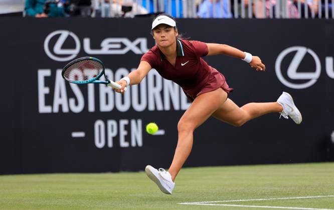 24th June 2025; Devonshire Park, Eastbourne, East Sussex, England; Lexus International Eastbourne, Day 2; Emma Raducanu (GBR) plays a forehand shot against Ann Li (USA)  ActionPlus12805113 HongboxChen