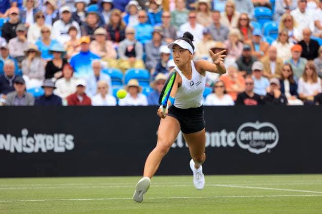 24th June 2025; Devonshire Park, Eastbourne, East Sussex, England; Lexus International Eastbourne, Day 2; Ann Li (USA) plays a backhand shot against Emma Raducanu (GBR)  ActionPlus12805121 HongboxChen