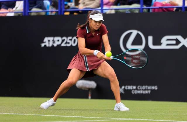 24th June 2025; Devonshire Park, Eastbourne, East Sussex, England; Lexus International Eastbourne, Day 2; Emma Raducanu (GBR) plays a backhand shot against Ann Li (USA)  ActionPlus12805123 HongboxChen