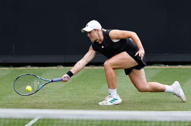 24th June 2025; Devonshire Park, Eastbourne, East Sussex, England; Lexus International Eastbourne, Day 2; Sonay Kartal (GBR) plays a forehand against Jelena Ostapenko (LAT)  ActionPlus12805126 HongboxChen