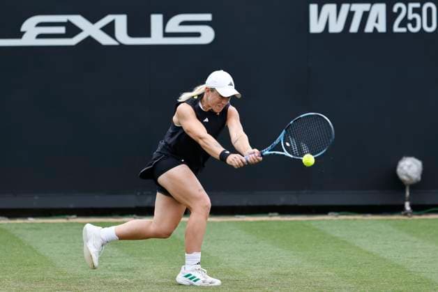 24th June 2025; Devonshire Park, Eastbourne, East Sussex, England; Lexus International Eastbourne, Day 2; Sonay Kartal (GBR) plays a backhand against Jelena Ostapenko (LAT)  ActionPlus12805127 HongboxChen