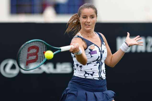 24th June 2025; Devonshire Park, Eastbourne, East Sussex, England; Lexus International Eastbourne, Day 2; Jodie Burrage (GBR) plays a forehand shot against Moyuka Uchijima (JPN)  ActionPlus12805152 HongboxChen