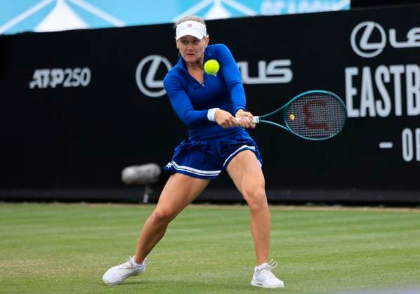 24th June 2025; Devonshire Park, Eastbourne, East Sussex, England; Lexus International Eastbourne, Day 2; Peyton Stearns (USA) plays a backhand shot against Mingge Xu (GBR)  ActionPlus12805241 HongboxChen