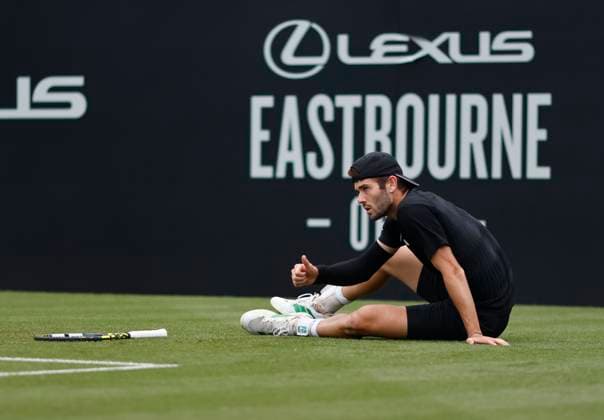 24th June 2025; Devonshire Park, Eastbourne, East Sussex, England; Lexus International Eastbourne, Day 2; Jacob Fearnley (GBR) slips down in the match against Flavio Cobolli (ITA)  ActionPlus12805263 HongboxChen