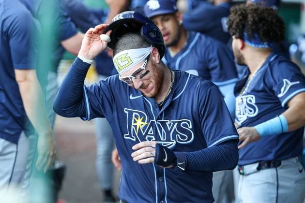 June 24, 2025: Tampa Bay Rays catcher Danny Jansen (19) celebrates his two run home run with teammates during the second inning against the Kansas City Royals at Kauffman Stadium in Kansas City, MO. CSM Kansas City United States of America - ZUMAc04_ 20250624_zma_c04_011 Copyright: xDavidxSmithx