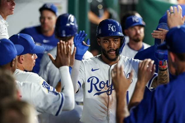 June 24, 2025: Kansas City Royals third baseman Maikel Garcia (11) celebrates scoring on an RBI single from Kansas City Royals first baseman Vinnie Pasquantino (9) during the ninth inning against the Tampa Bay Rays at Kauffman Stadium in Kansas City, MO. CSM Kansas City United States of America - ZUMAc04_ 20250624_zma_c04_033 Copyright: xDavidxSmithx
