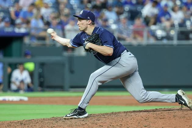 June 24, 2025: Tampa Bay Rays relief pitcher Kevin Kelly (49) pitches against the Kansas City Royals during the ninth inning at Kauffman Stadium in Kansas City, MO. CSM Kansas City United States of America - ZUMAc04_ 20250624_zma_c04_034 Copyright: xDavidxSmithx