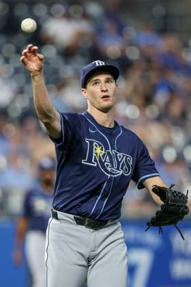 June 24, 2025: Tampa Bay Rays relief pitcher Kevin Kelly (49) throws to first for the out on Kansas City Royals second baseman Jonathan India (6) during the ninth inning at Kauffman Stadium in Kansas City, MO. CSM Kansas City United States of America - ZUMAc04_ 20250624_zma_c04_035 Copyright: xDavidxSmithx