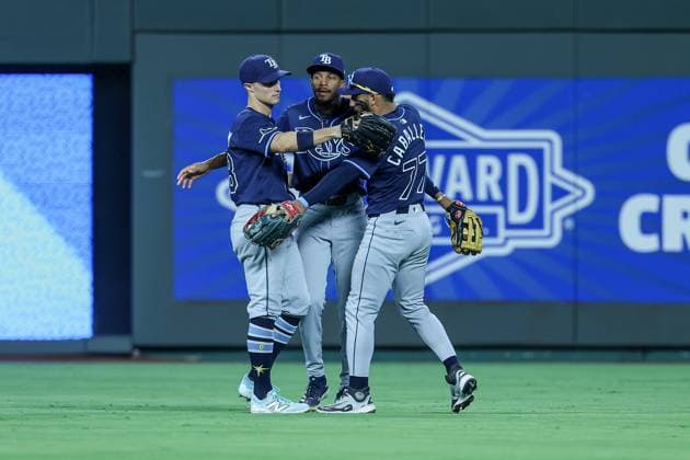 June 24, 2025: Tampa Bay Rays left fielder Jake Mangum (28), left, center fielder Chandler Simpson (14), center, and right fielder Jose Caballero (77) react to their 5-1 win over the Kansas City Royals at Kauffman Stadium in Kansas City, MO. CSM Kansas City United States of America - ZUMAc04_ 20250624_zma_c04_038 Copyright: xDavidxSmithx