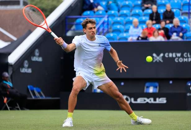 24th June 2025; Devonshire Park, Eastbourne, East Sussex, England; Lexus International Eastbourne, Day 2; Flavio Cobolli (ITA) plays a forehand shot against Jacob Fearnley (GBR)  ActionPlus12805316 HongboxChen