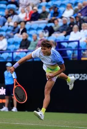 24th June 2025; Devonshire Park, Eastbourne, East Sussex, England; Lexus International Eastbourne, Day 2; Flavio Cobolli (ITA) serves to Jacob Fearnley (GBR)  ActionPlus12805322 HongboxChen