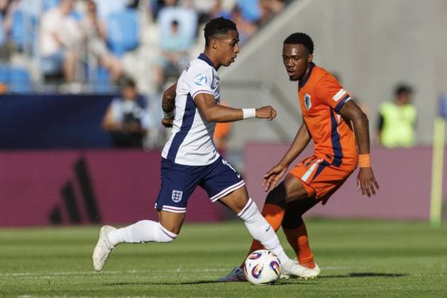 BRATISLAVA , 25-06-2025 , Football stadium Tehelne pole. Narodny football stadium , UEFA U21, U 21 Euro2025 , semi-finals , England U21 - Netherlands U21. (L-R) England U21 player Omari Hutchinson, Netherlands U21 player Antoni Milambo England U21 - Netherlands U21  x29893352x Copyright: