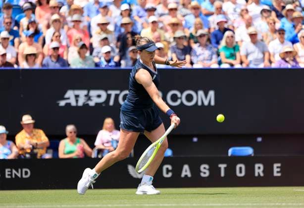 25th June 2025; Devonshire Park, Eastbourne, East Sussex, England; Lexus International Eastbourne, Day 3; Barbora Krejcikova (CZE) plays a forehand shot against Jodie Burrage (GBR)  ActionPlus12805367 HongboxChen