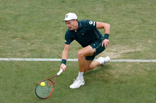 25th June 2025; Devonshire Park, Eastbourne, East Sussex, England; Lexus International Eastbourne, Day 3; Jenson Brooksby (USA) plays a forehand shot against Nuno Rorges (POR)  ActionPlus12805448 HongboxChen